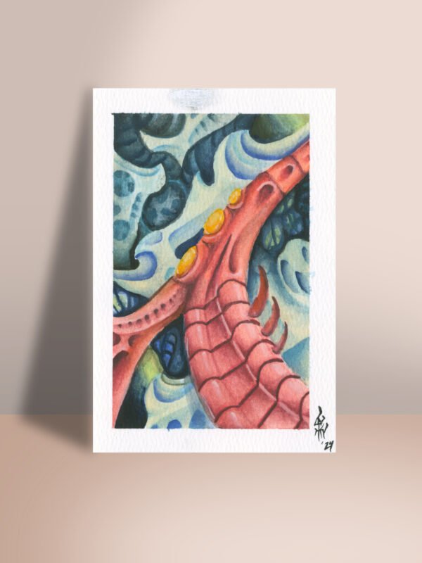 4x6-inch biomechanical art print featuring red and blue biotech structures with bursts of green, inspired by H.R. Giger and Guy Aitchison.