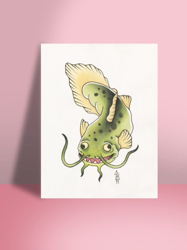 Yellow-green Japanese traditional tattoo-style catfish with a playful smile, painted in watercolor on 4x6 200 GSM fine art photographic paper
