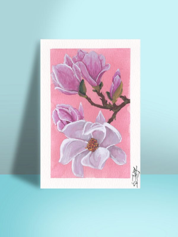Pink and white magnolia flowers in gouache on 4x6 paper, a perfect small gift for nature lovers