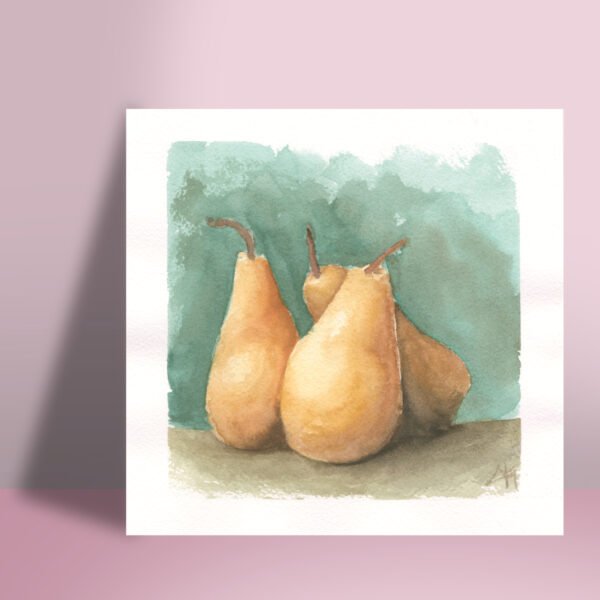 An 8x8" watercolor print of three warm orange-yellow pears resting on a rustic brown table