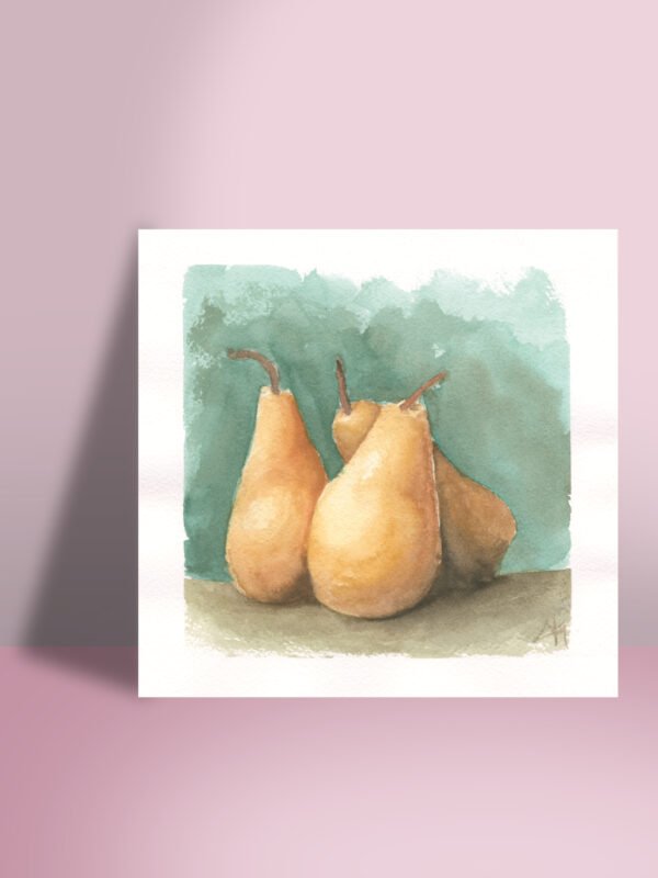 An 8x8" watercolor print of three warm orange-yellow pears resting on a rustic brown table