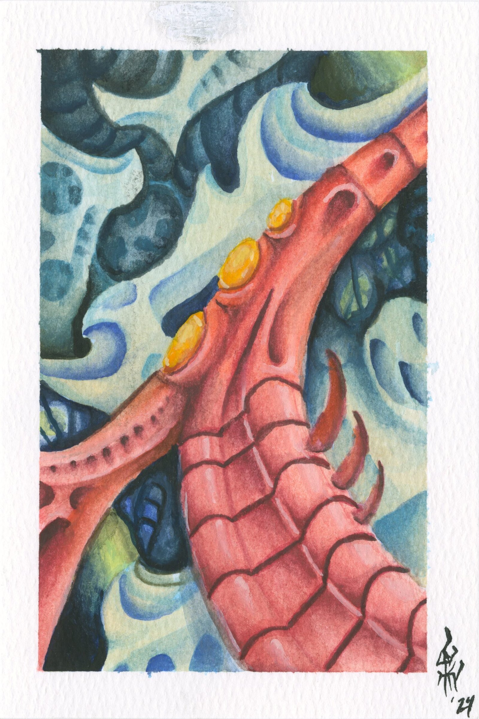 4x6-inch biomechanical art print featuring red and blue biotech structures with bursts of green, inspired by H.R. Giger and Guy Aitchison.