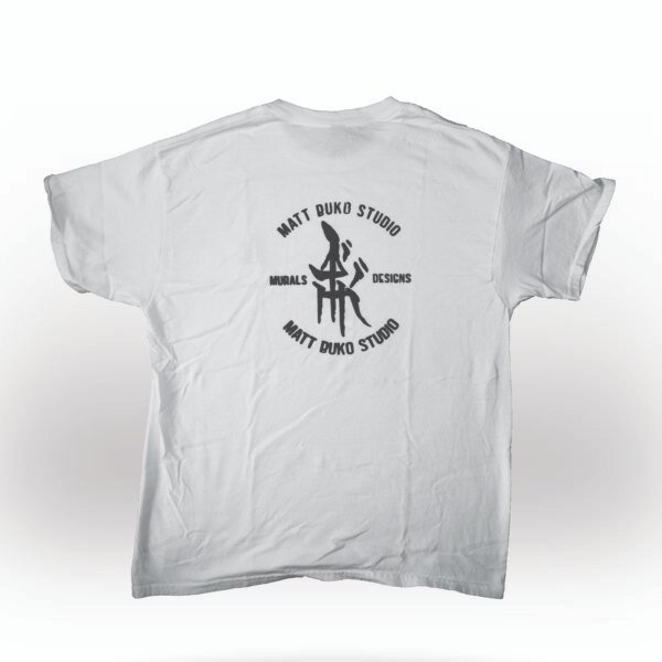 White t-shirt with ‘Matt Buko Studio’ logo in black on the chest. Mural artist near me