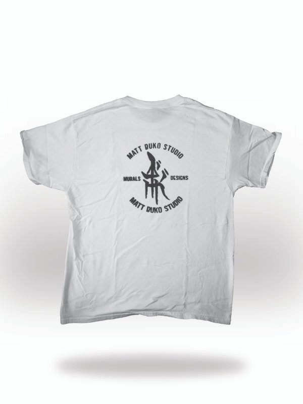 White t-shirt with ‘Matt Buko Studio’ logo in black on the chest. Mural artist near me