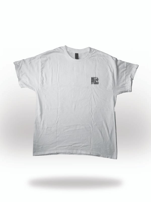 White t-shirt with ‘Matt Buko Studio’ logo in black on the chest. Mural artist near me