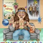 Colorful digital illustration for a cannabis edibles package titled "Fruit Smacks," featuring a laid-back hippie sitting on a couch with fruit flying around the room. The background includes two iconic movie posters: Pineapple Express and Cheech and Chong’s Up in Smoke. The art is vibrant, cartoon-style, and cannabis-themed