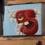 Painting on cardboard of a goofy red lantern character with exaggerated cartoon teeth, blowing out a wisp of smoke. Rendered in a bold, animated street-art style with strong outlines and expressive features.