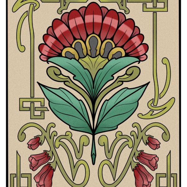 Art Nouveau-inspired digital illustration featuring an elegant flower surrounded by flowing, ornamental stems and decorative botanical blooms. The composition includes a stylized border design with symmetrical curves and organic forms, blending vintage and modern aesthetics.