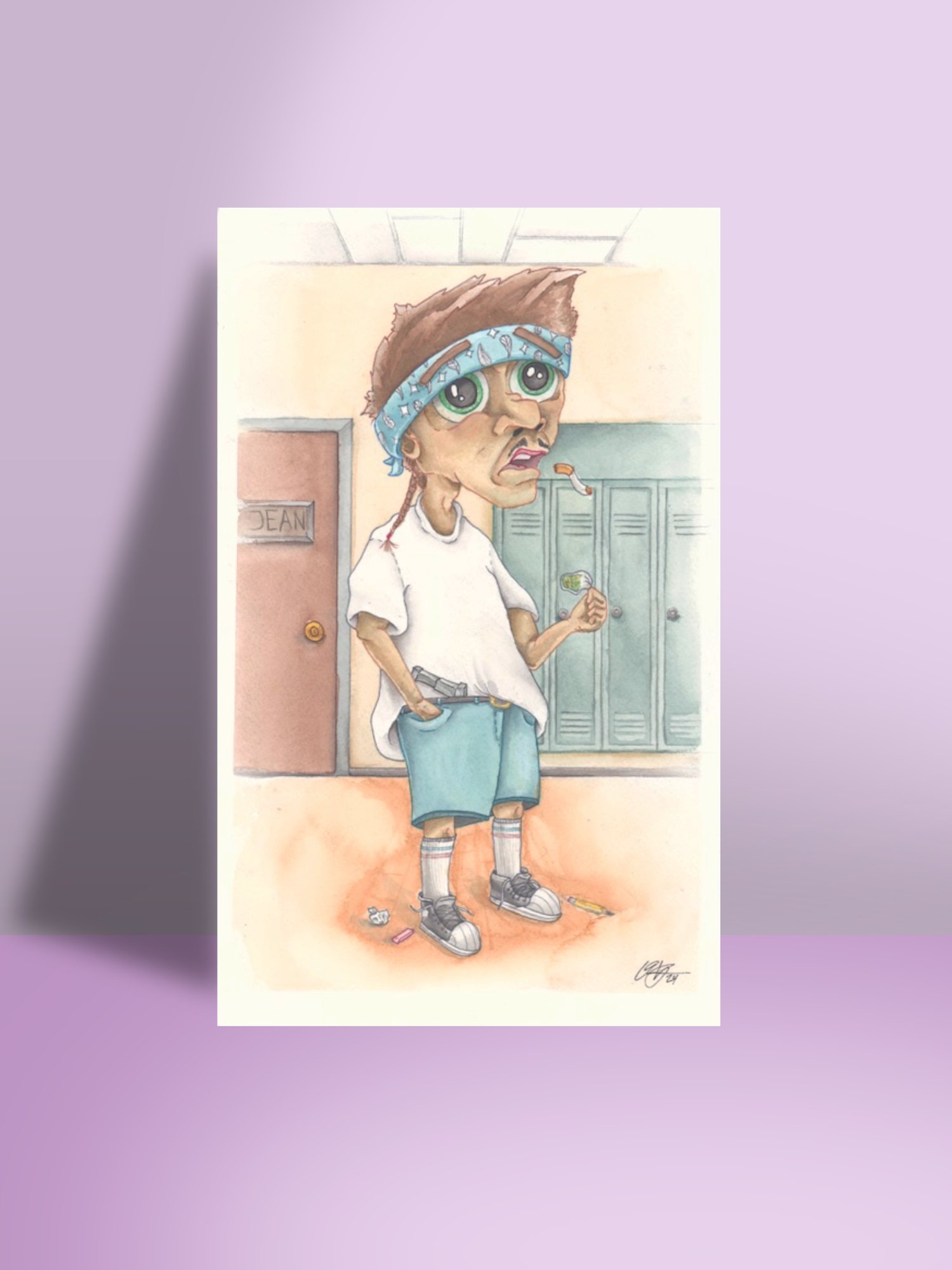 "Illustration of a school-aged kid in jean shorts, high socks, a blue bandana, and an oversized white t-shirt, carrying a backpack and looking rebellious."