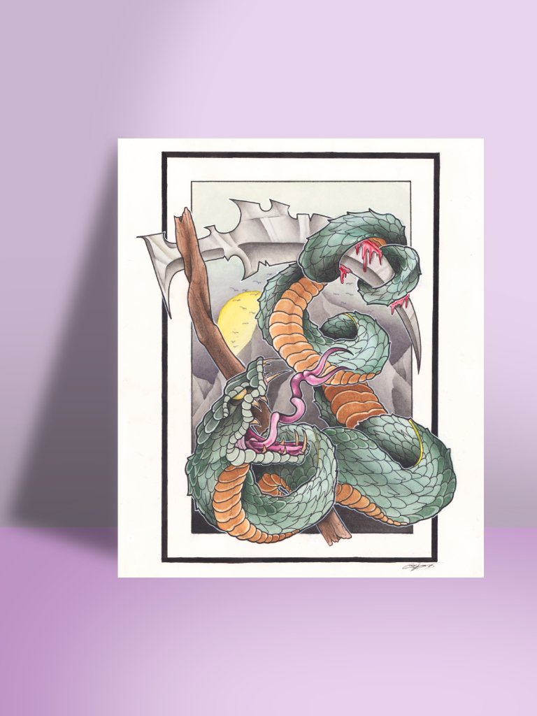 Watercolor illustration of a snake coiled around a scythe, bleeding where it grips the blade, with a muted mountain scape and small moon in the background.