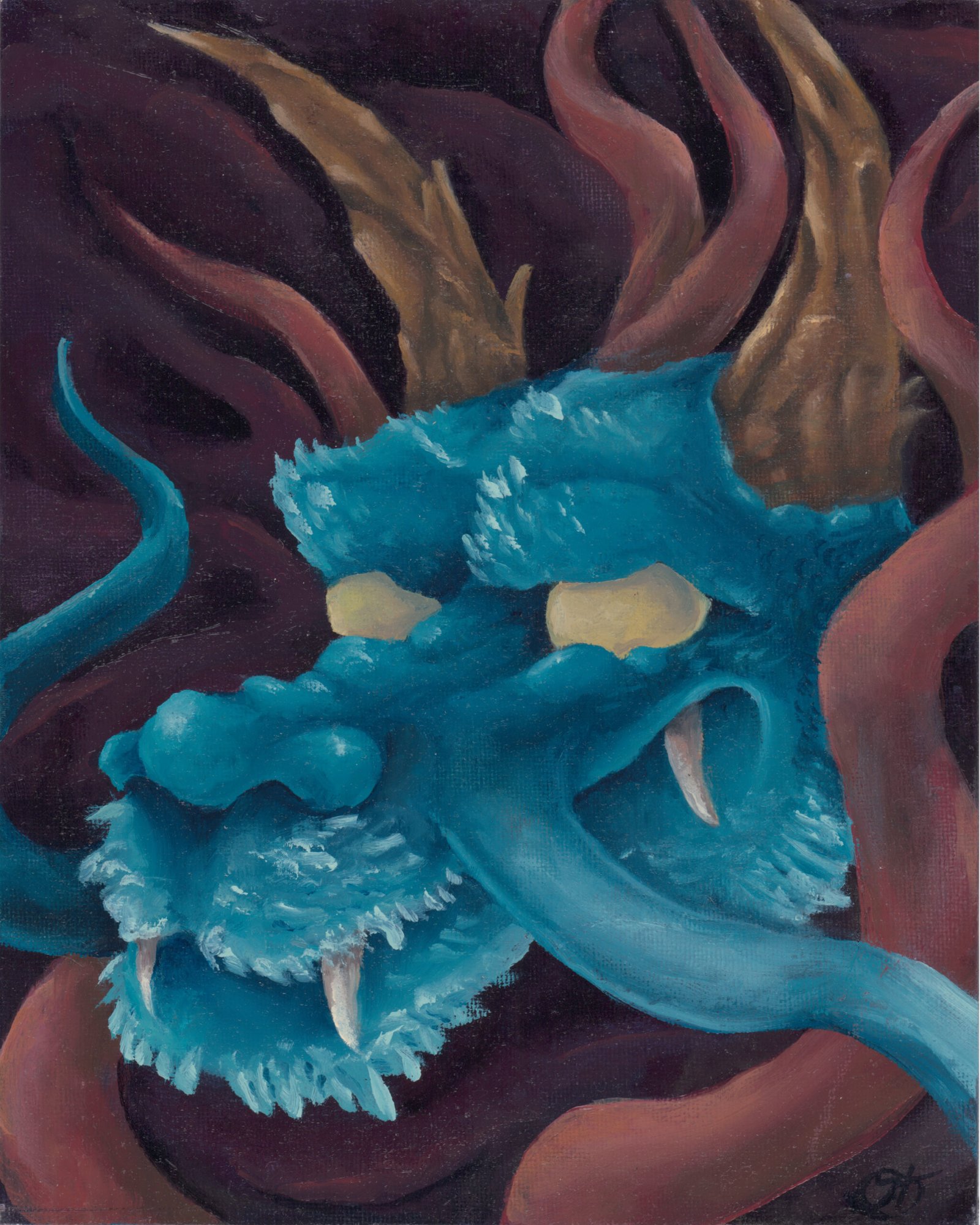 8x10 oil painting of a happy blue dragon surrounded by red flames on a deep maroon background, showcasing a powerful yet content fantasy character.