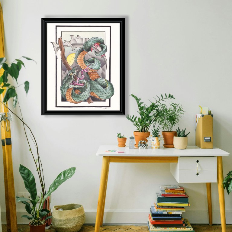 Watercolor illustration of a snake coiled around a scythe, bleeding where it grips the blade, with a muted mountain scape and small moon in the background.