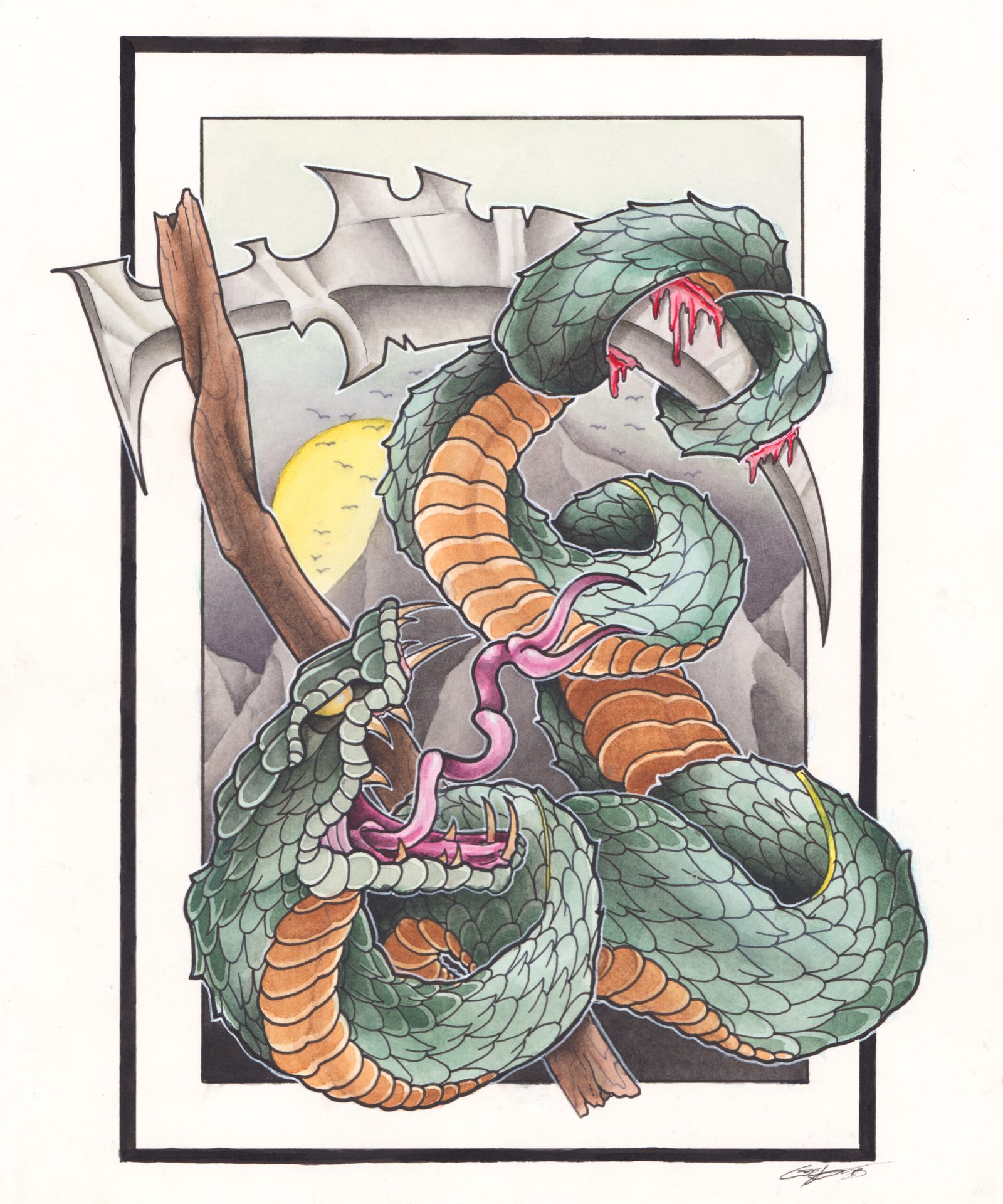 Watercolor illustration of a snake coiled around a scythe, bleeding where it grips the blade, with a muted mountain scape and small moon in the background.Watercolor illustration of a snake coiled around a scythe, bleeding where it grips the blade, with a muted mountain scape and small moon in the background.