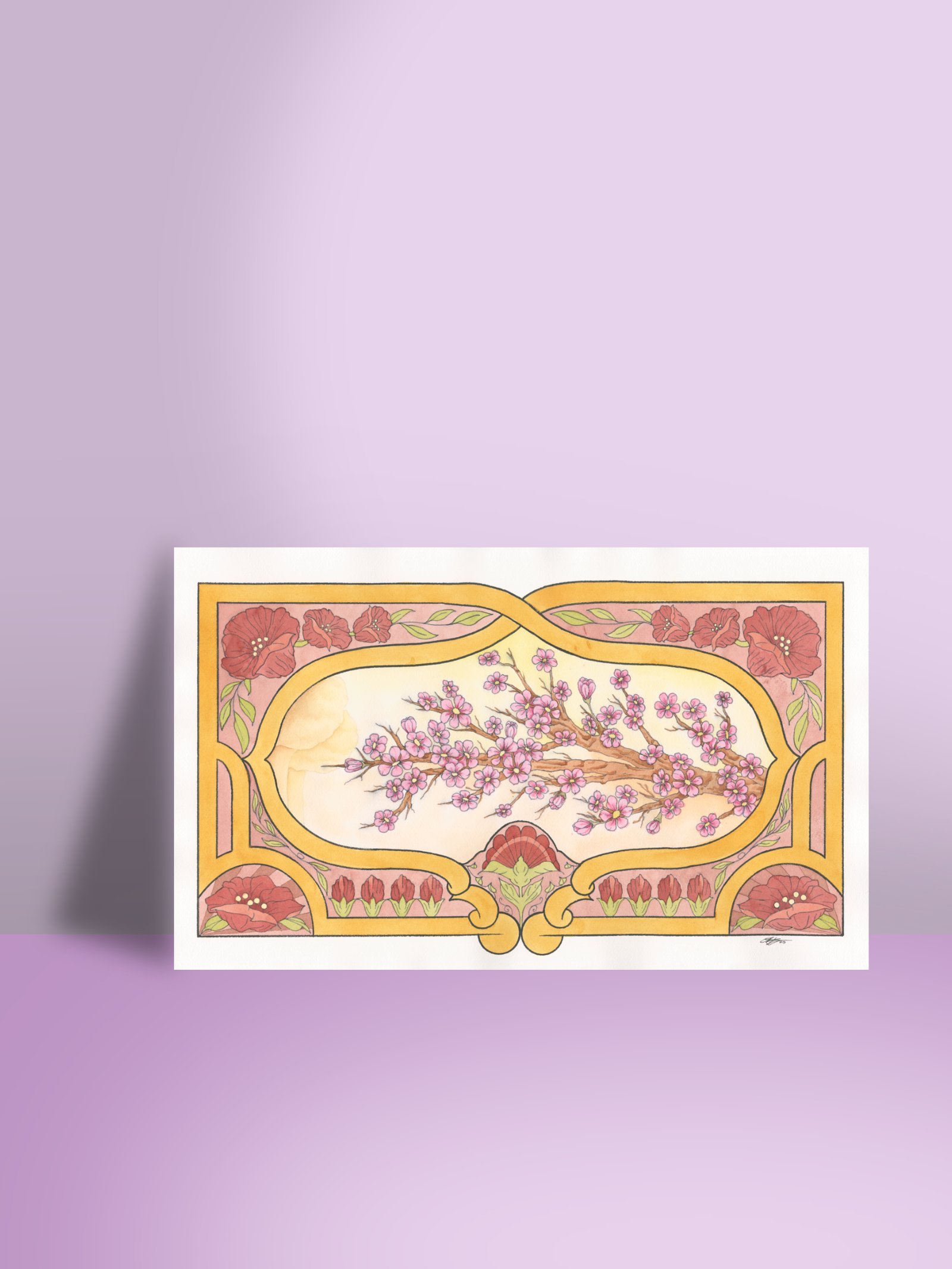 "Watercolor illustration of a cherry blossom tree with 83 flowers, set against an airy background and framed by a gold border accented with red blossoms, Art Nouveau-inspired."