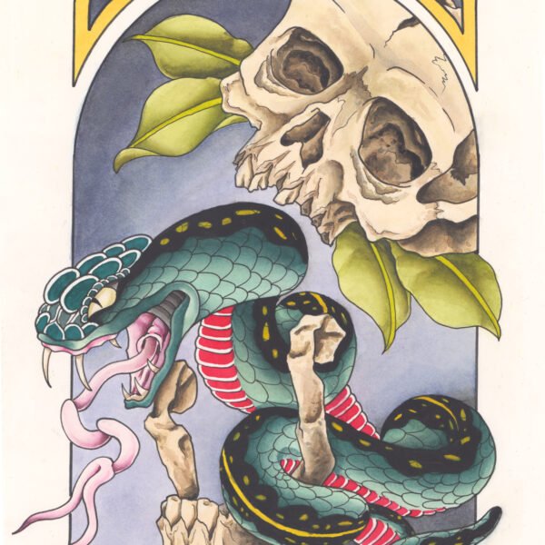 Watercolor illustration print of a blue snake with a red belly coiled around a human skull, framed by Art Nouveau-inspired arches. Symbolic artwork titled ’Til Death.