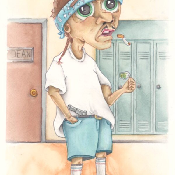 "Illustration of a school-aged kid in jean shorts, high socks, a blue bandana, and an oversized white t-shirt, carrying a backpack and looking rebellious."
