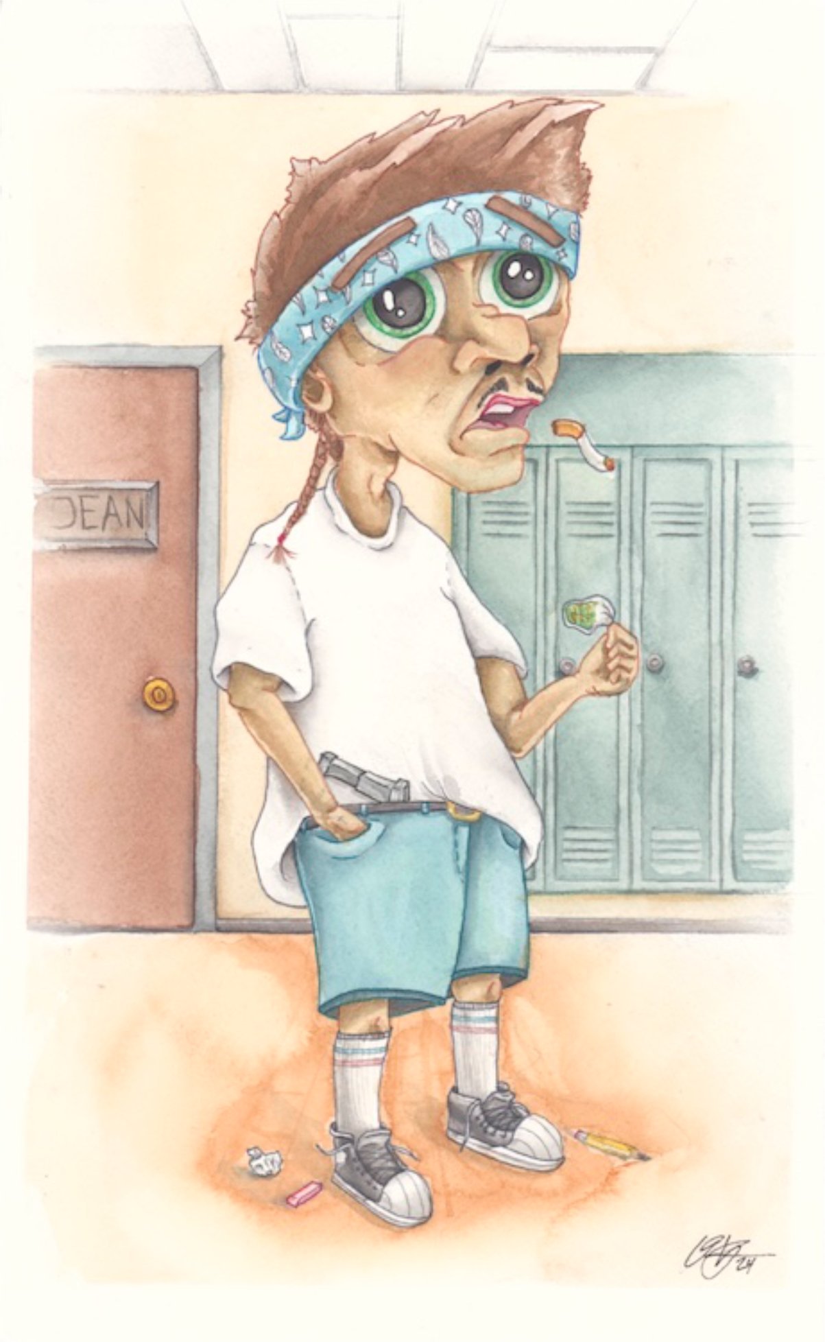 "Illustration of a school-aged kid in jean shorts, high socks, a blue bandana, and an oversized white t-shirt, carrying a backpack and looking rebellious."